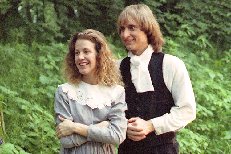 Allison Gregory (Margaret Campbell) and Paul Mercier (Alexander Campbell) in a light moment as they "eagerly" await their immersion into the flooded Buffalo Creek for the baptism scene.   From the award-winning drama, WRESTLING WITH GOD.